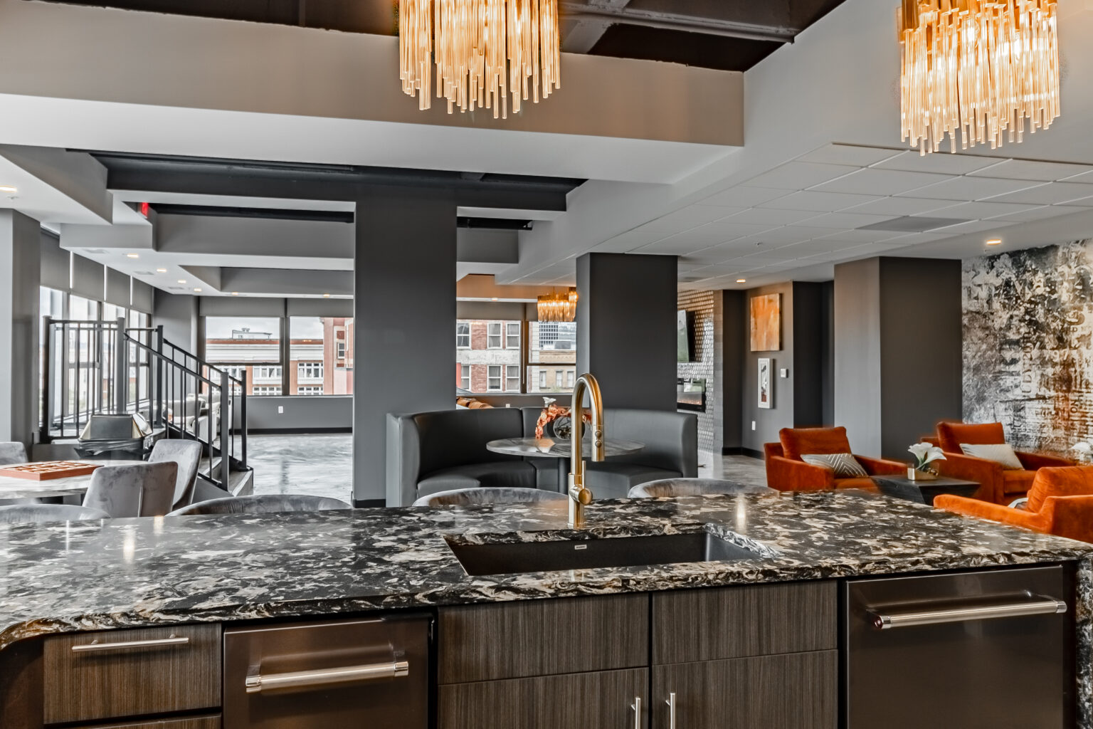 Amenity bar with seamless FlowStone floor